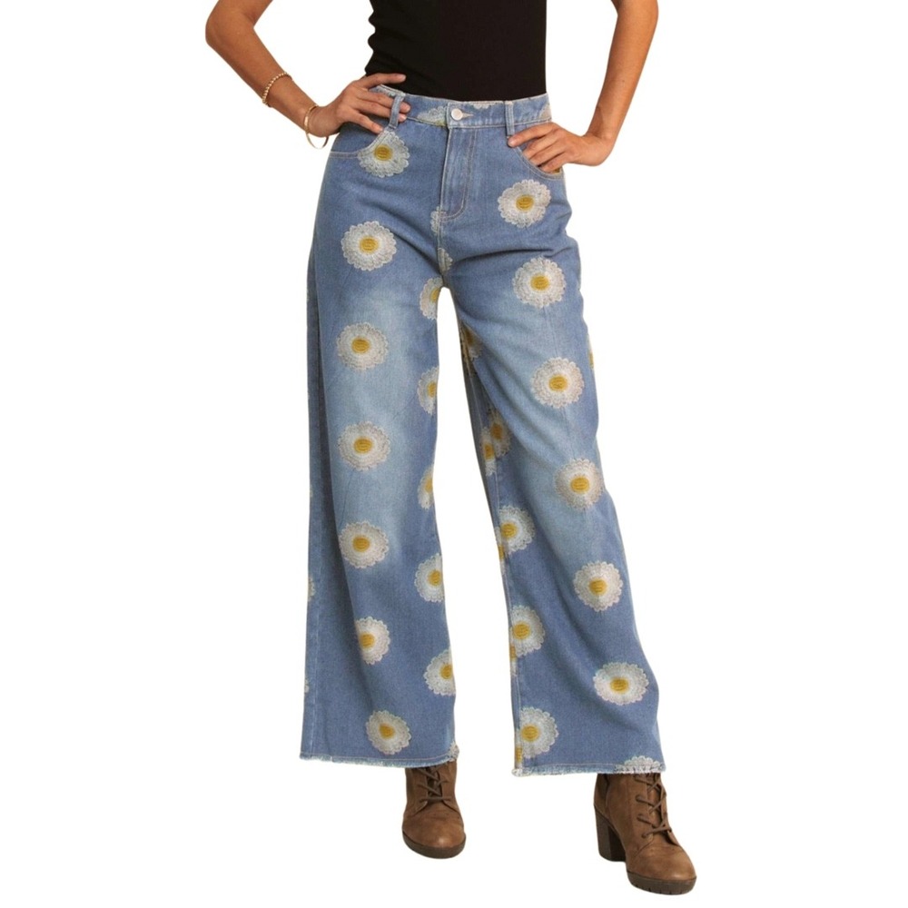 Shop Sassy Frass Daisy Embroidered Wide Leg Jeans Blue Denim Boho Floral Small - Picture 1 of 6